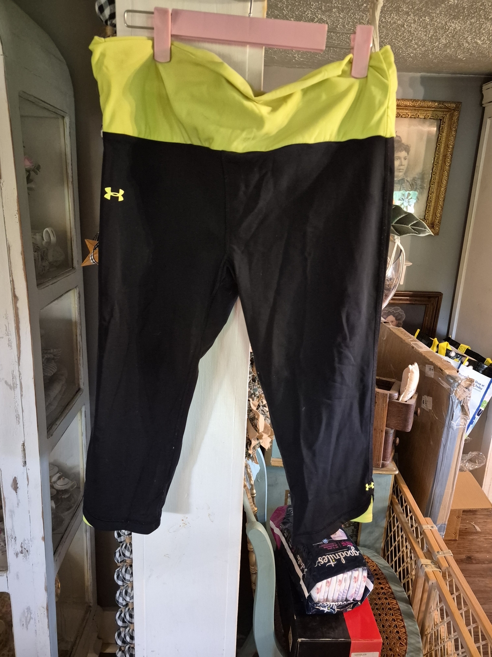 Under Armour Black and Neon Yellow Fold-Over Waist Capri Leggings
